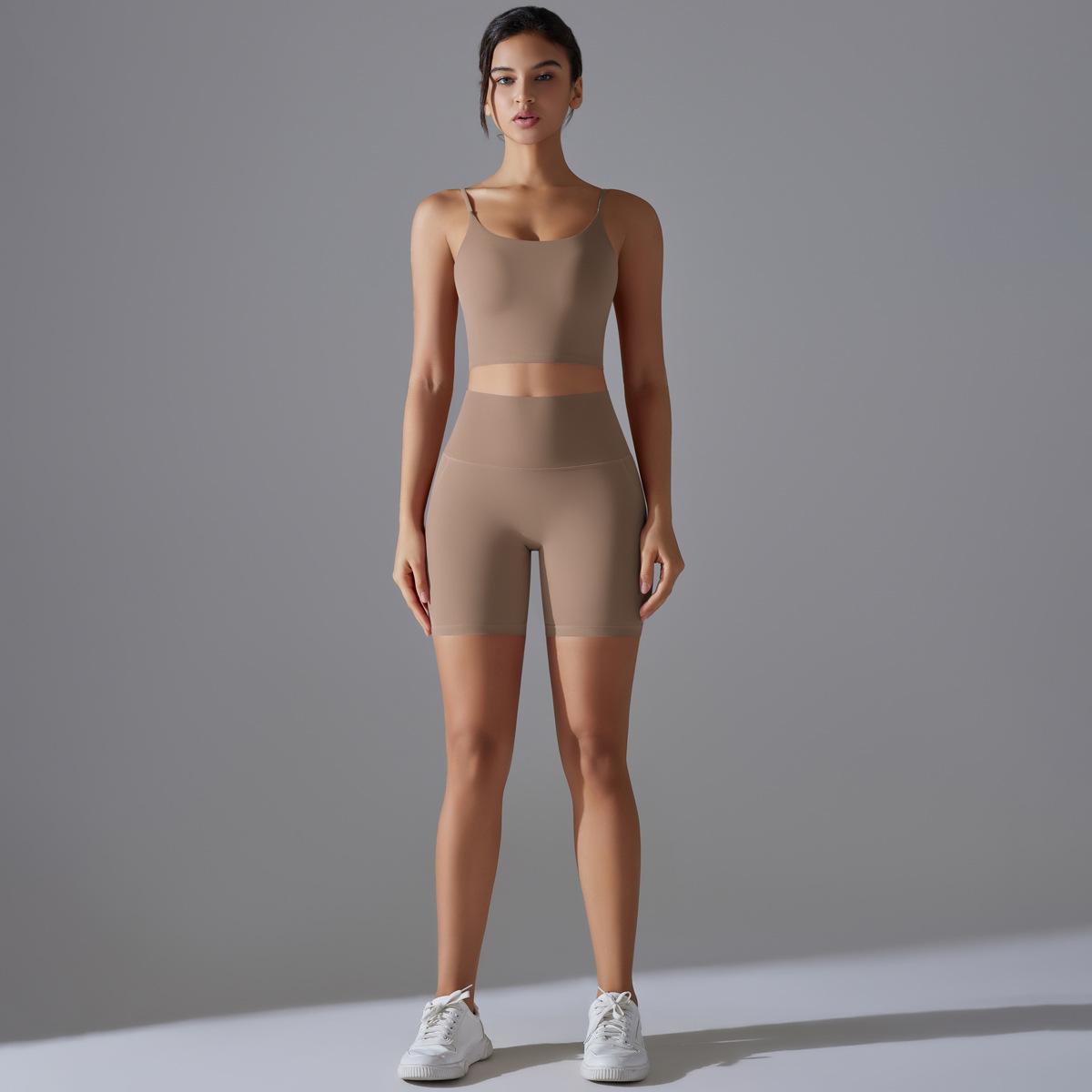 

Бесшовный комплект для йоги с высокой талией Nessaj Женский без рукавов Спортивная одежда для бега Пуш-ап Утягивающие шорты Бюстгальтер с открытой спиной Фитнес-наряды S коричневый