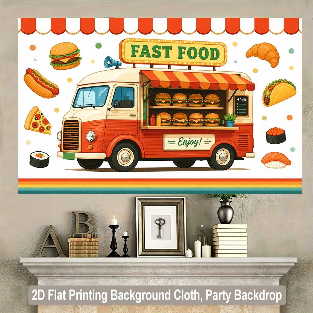 1 piece of 2D flat background cloth, used as the backdrop for selling various delicious hamburgers in the food vehicle.