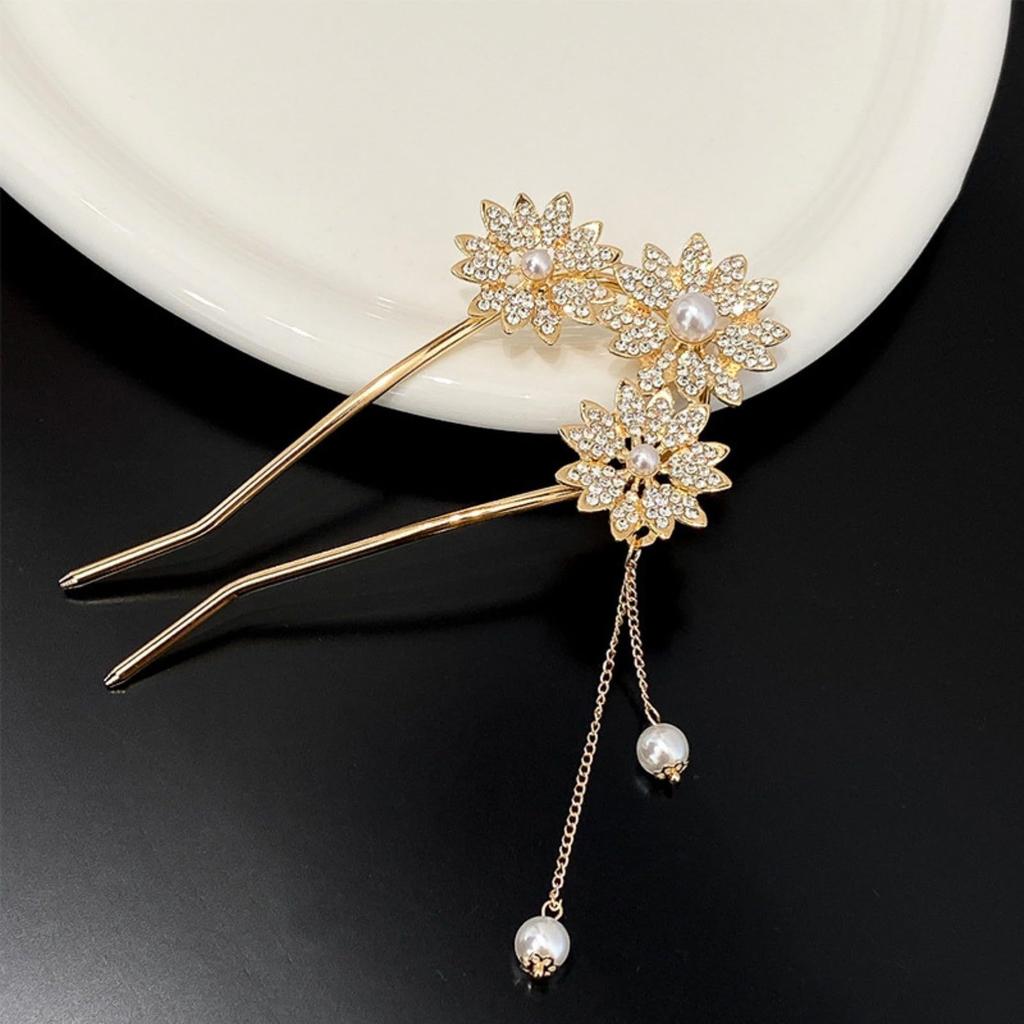 Miaomyao Kanzashi Hair Antique Flower Hair Hair Accessory for and Japanese Clothing Ornament, U-Shaped, Pearl, Comb, Kimono, Yukata, (Gold)