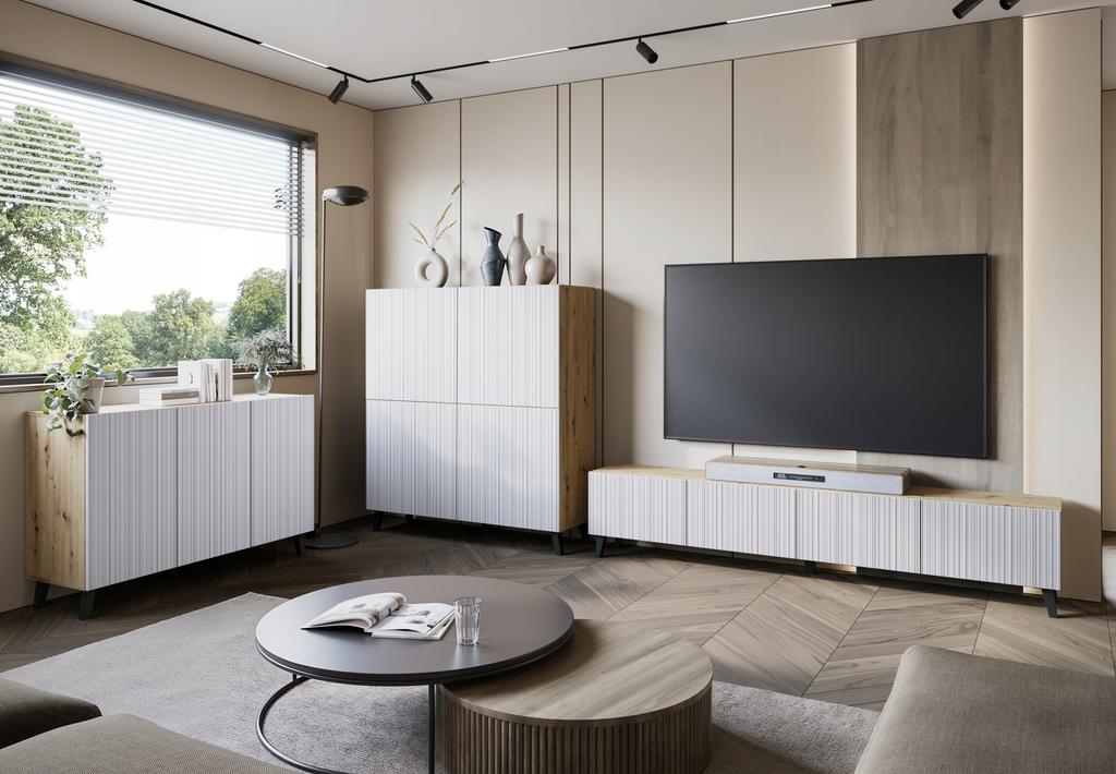 Modern 120cm Chest of Drawers for the Living Room On Artisan Legs, White MDF Fronts, Grooved