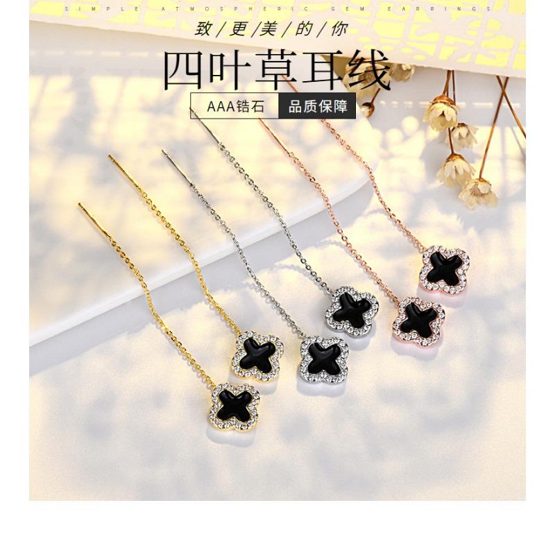 Einfache Kleine Micro-Eingelegte Schwarze Vierblättrige Klee Fadenohrringe Modischer Damenschmuck