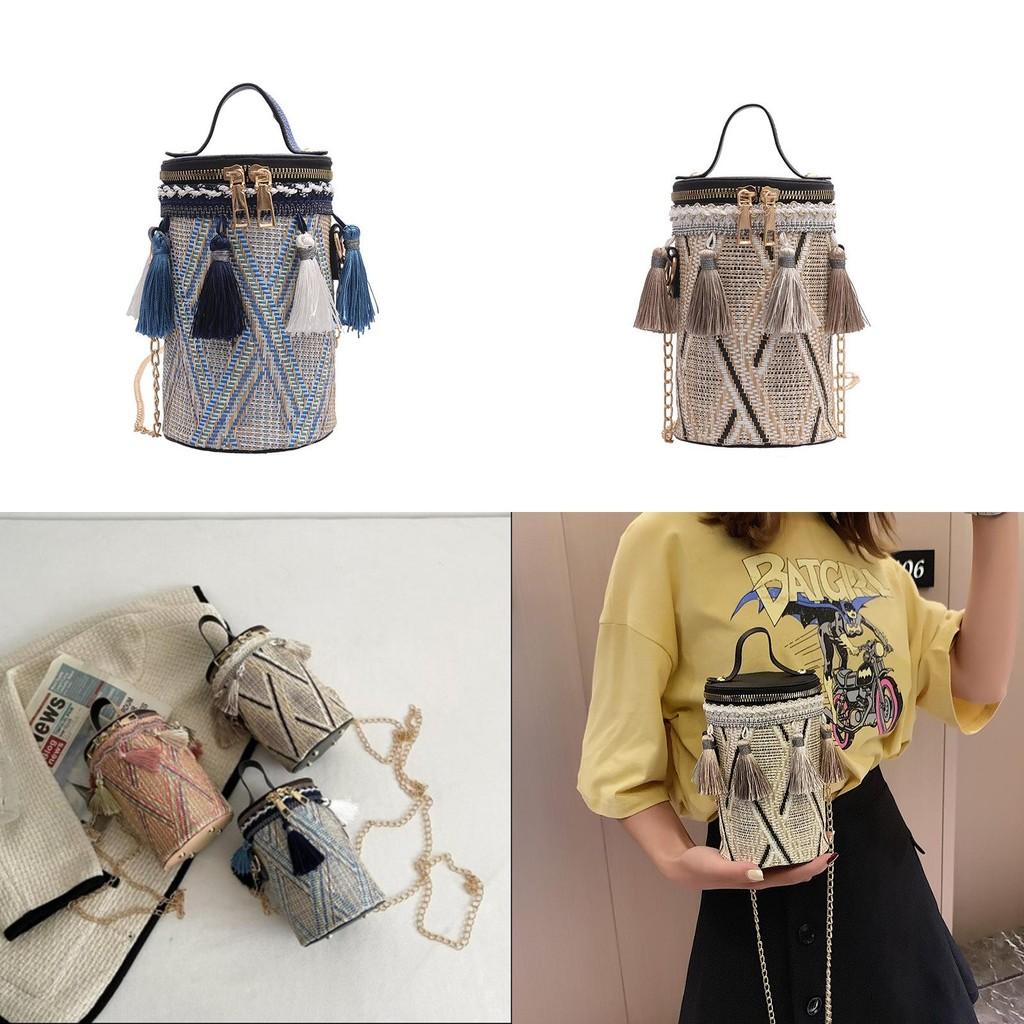 Ethnic Style Mini Crossbody Bag Tassel Woven Cylindrical Bag For Women Daily Use