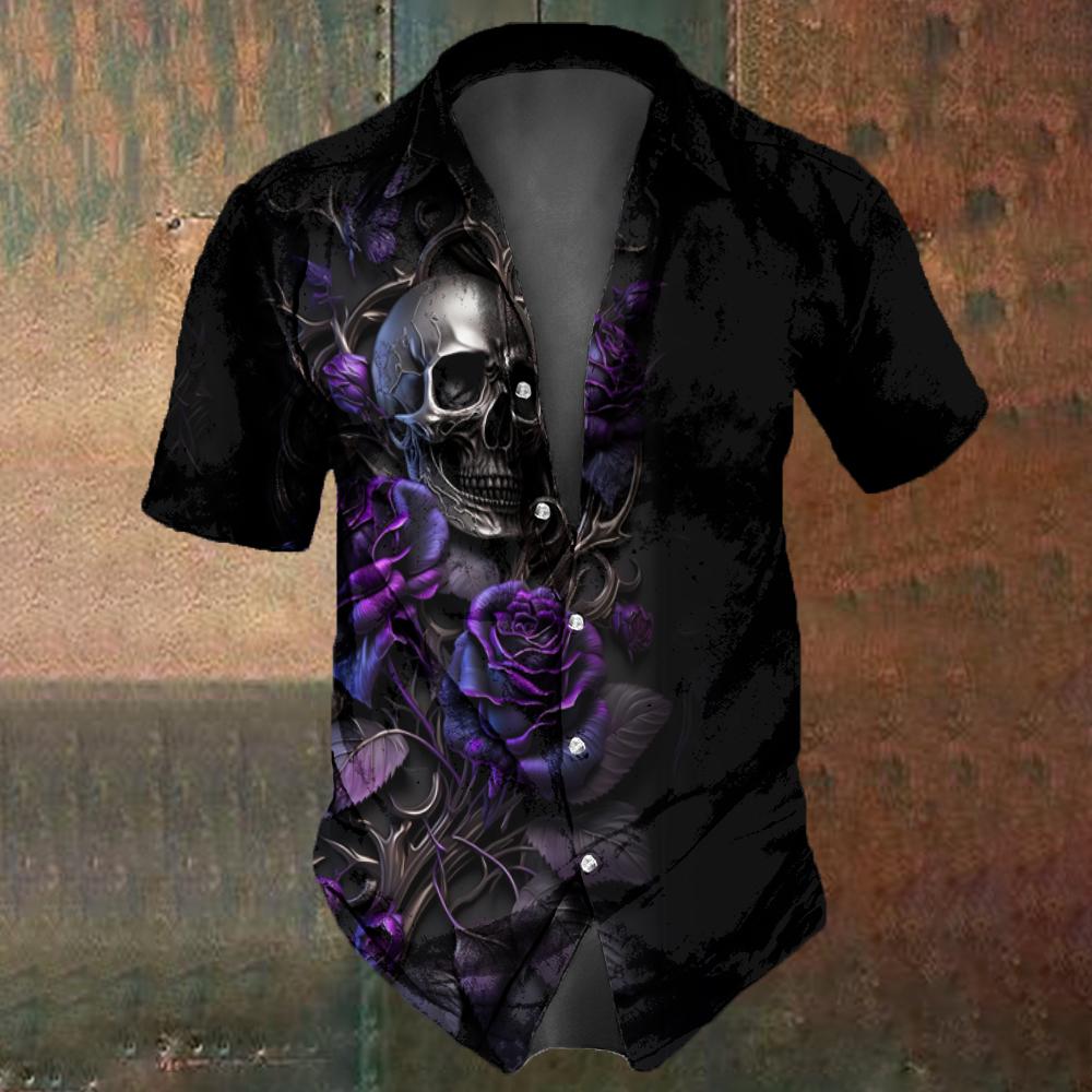 Camicia da uomo con stampa teschio e fiori Moda estiva Teschio horror retrò Street Hip-Hop Tendenza Top Camicia da uomo T-shirt oversize