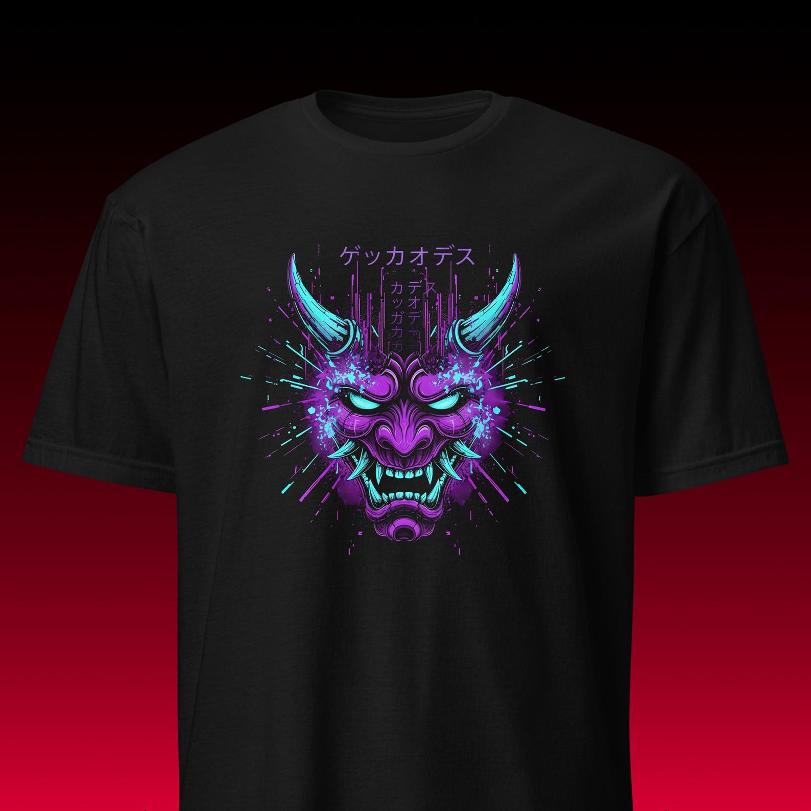 Neon Oni Mask Tee Cyberpunk, Vaporwave Glitch Demon, Heavy Weight Comfort Fit, Edgy Retro Unisex Gift for Him Her Graphic Shirt 3XL