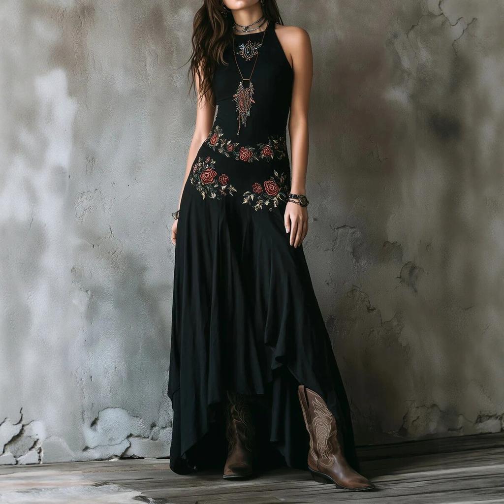 Women's Halter Neck Sleeveless Floral Embroidered Maxi Dress Slim Fit High Waist Irregular Hem Party Dress