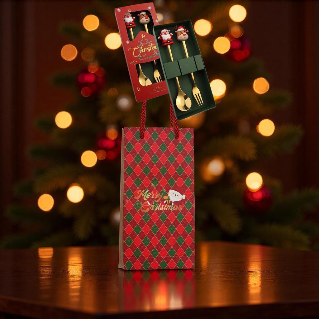 Christmas Cartoon Cutlery Set: Forks, Spoons, and Gift Box Featuring Cute Reindeer and Tree Designs.