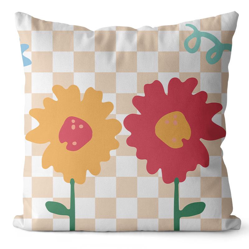 New Checkerboard Floral and Plant Printed Pillowcase, Peach Skin Velvet Digital Printed Home Pillow, Waist and Back Support