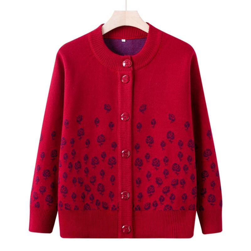 Medium-sized elderly autumn clothing fleece knitted sweater female grandma sweater mother clothing old lady thickened cardigan jacket