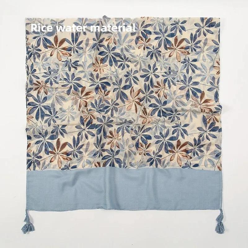 Retro Bamboo Cotton Scarf with Plant Floral Print Soft Versatile Travel Sand Scarf Fashionable Accessory for All Occasions