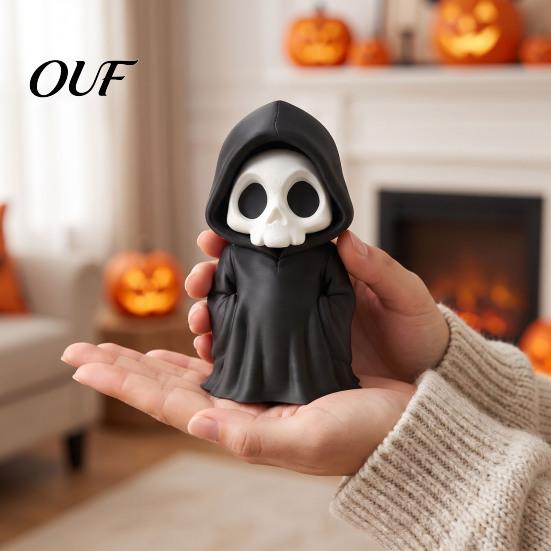 Horror Theme Party Supplies 3D Printed Grim Reaper Figurine, Gothic Black Robe Skeleton Statue, Statue Mini Model Toy for Halloween Desktop Decoration