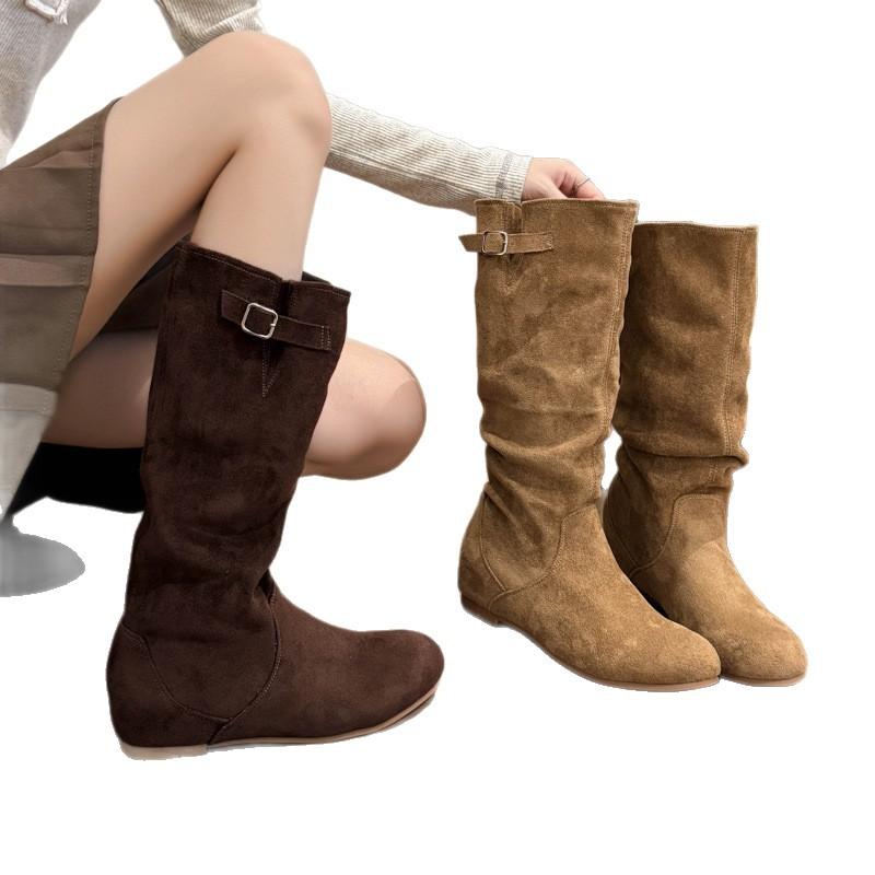 Long boots but knee knight tall cylinder round head flat bottom matte belt buckle 2025 new autumn super fire pile boots