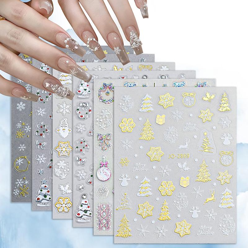 1 Sheet 3D Colorful Snowflake Nail Art Stickers Self-Adhesive Sparkle Christmas Tree Snowflakes Decals Winter Manicure Sliders