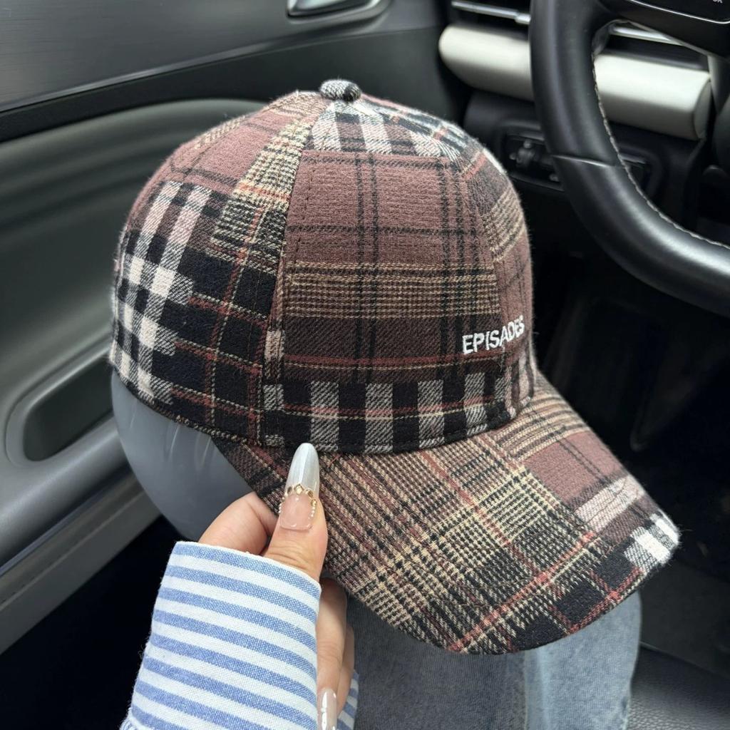 Splicing Plaid Retro Baseball Cap Children Spring and Autumn Versatile Showing Small Face Big Head Circumference Fashion Cap Tide