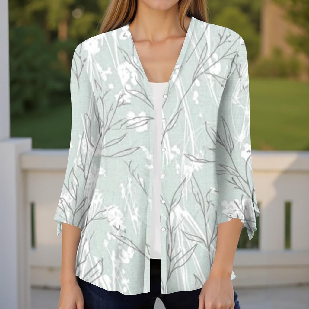 Women's Casual V Neck Loose Fit Blouse Seven Quarter Sleeve Floral Print Button Front Ruffle Sleeve Shirt