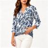 Vintage Floral Print Henley Button Neck 3/4 Sleeve Linen Cotton Blend Shirt for Women Casual Loose Fit Top