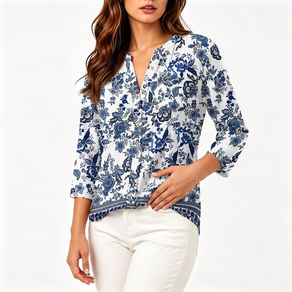 Vintage Floral Print Henley Button Neck 3/4 Sleeve Linen Cotton Blend Shirt for Women Casual Loose Fit Top