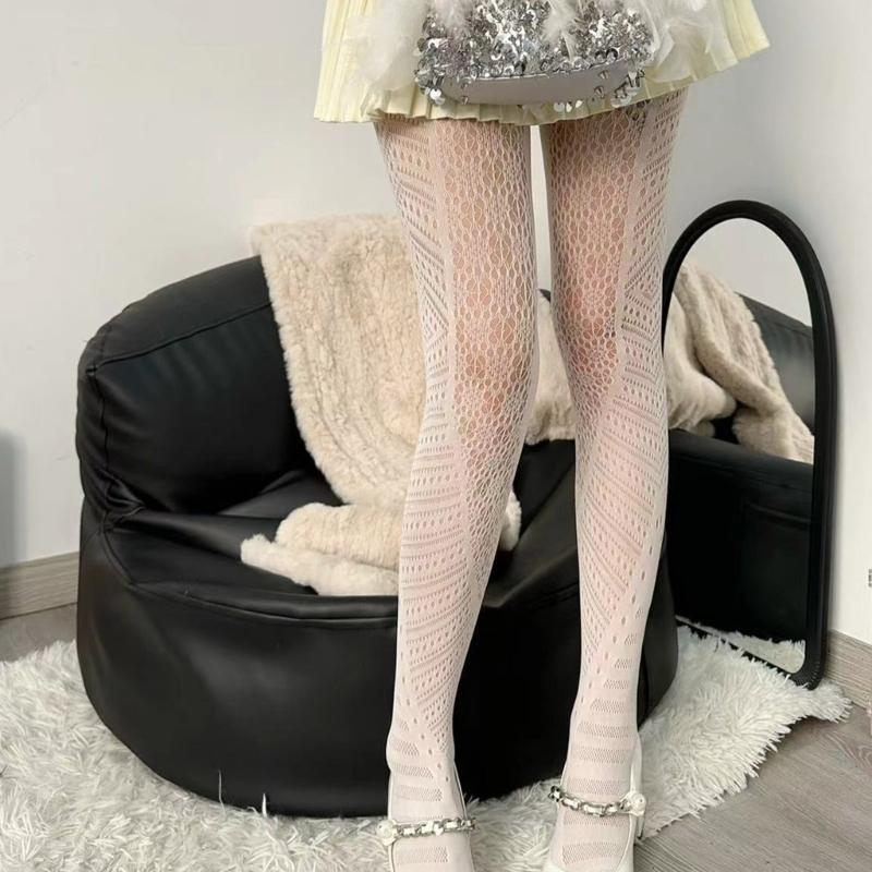 Women Vintage Hollowed Out Fishnet Sheer Pantyhose Aesthetic Irregular Geometric Patterned Spliced Leggings Mesh Tights