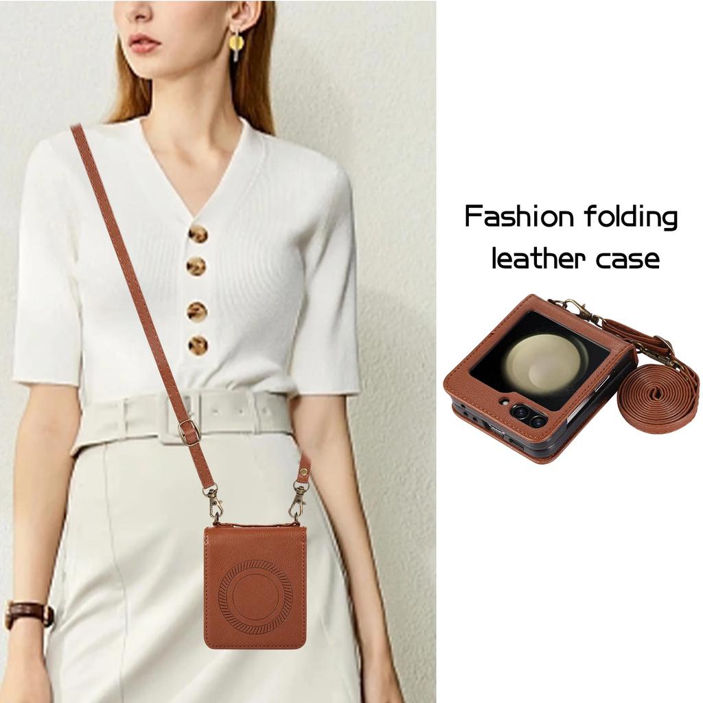 Magnetic Crossbody Leather Phone Case For Samsung Z Flip 6 5 4 3 5G Flip5 Long Rope For Magsafe Wireless Charging Lanyard Cover