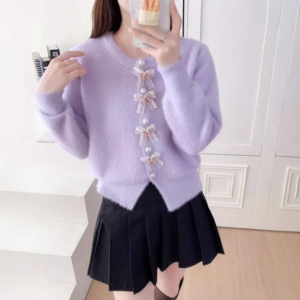 3D Bow Mink Knit Cardigan for Women, New Autumn/winter Loose, Soft, and Versatile Sweater Jacket
