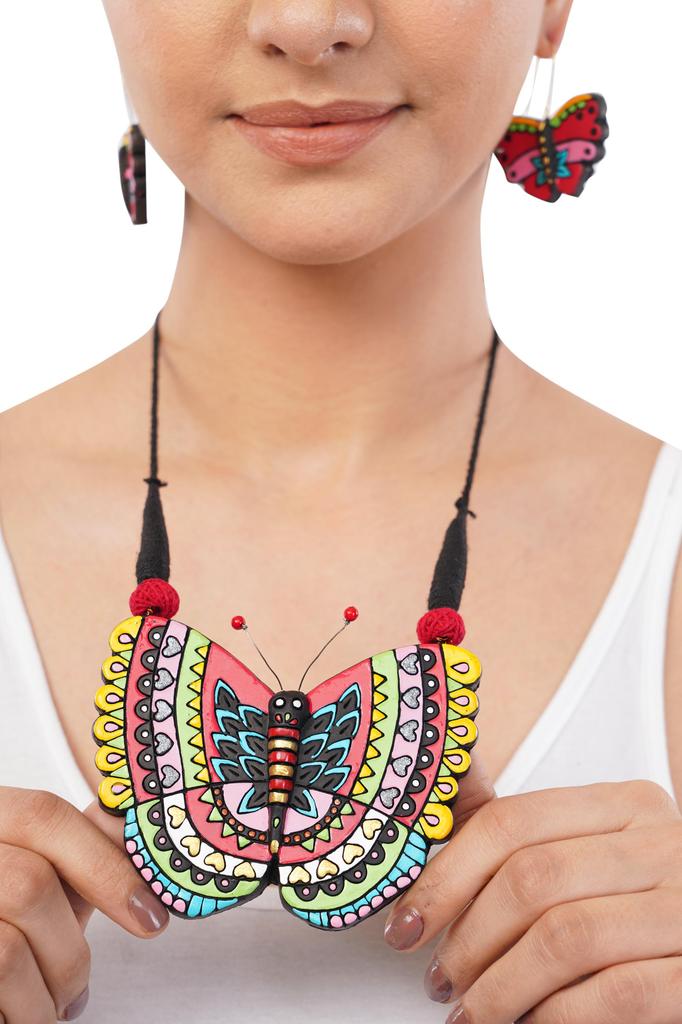 Handmade Clay Butterfly Necklace Earring Set