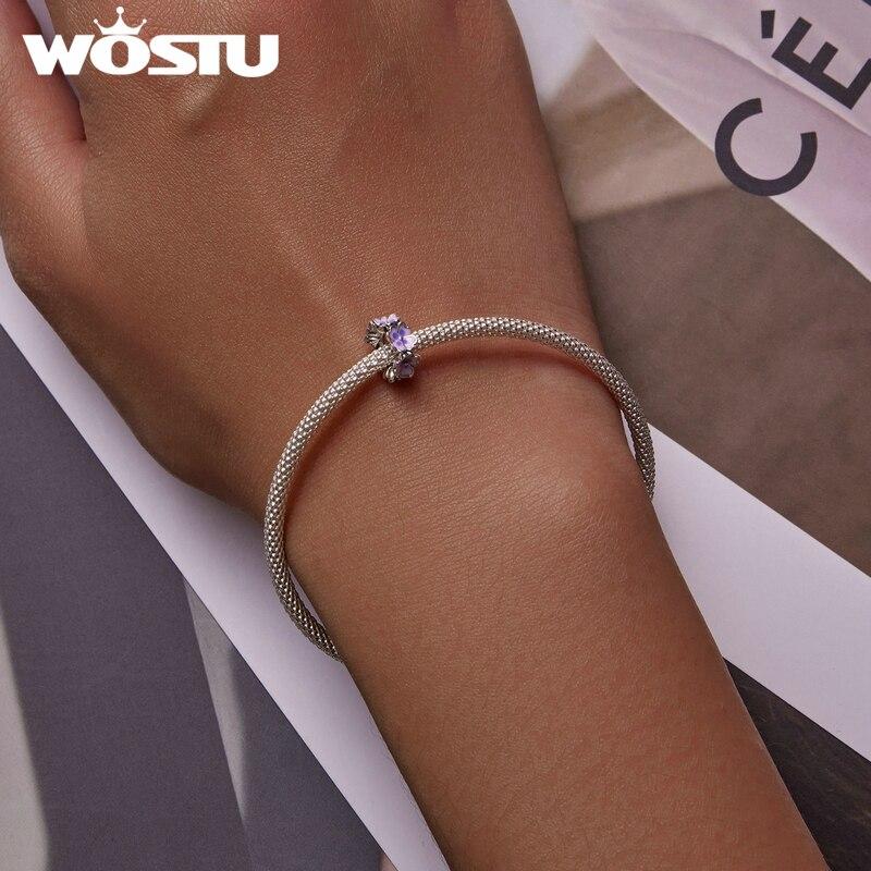 WOSTU 925 Sterling Silver Purple Flower Spacer Charm Bead Pendant Fit Original Bracelet Necklace For Women Jewelry
