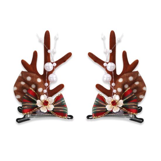 1 Pair Christmas Hairpins Holiday Antlers Design Faux Pearls Plush Ball Decor Hair Clips Christmas Party Photography Props