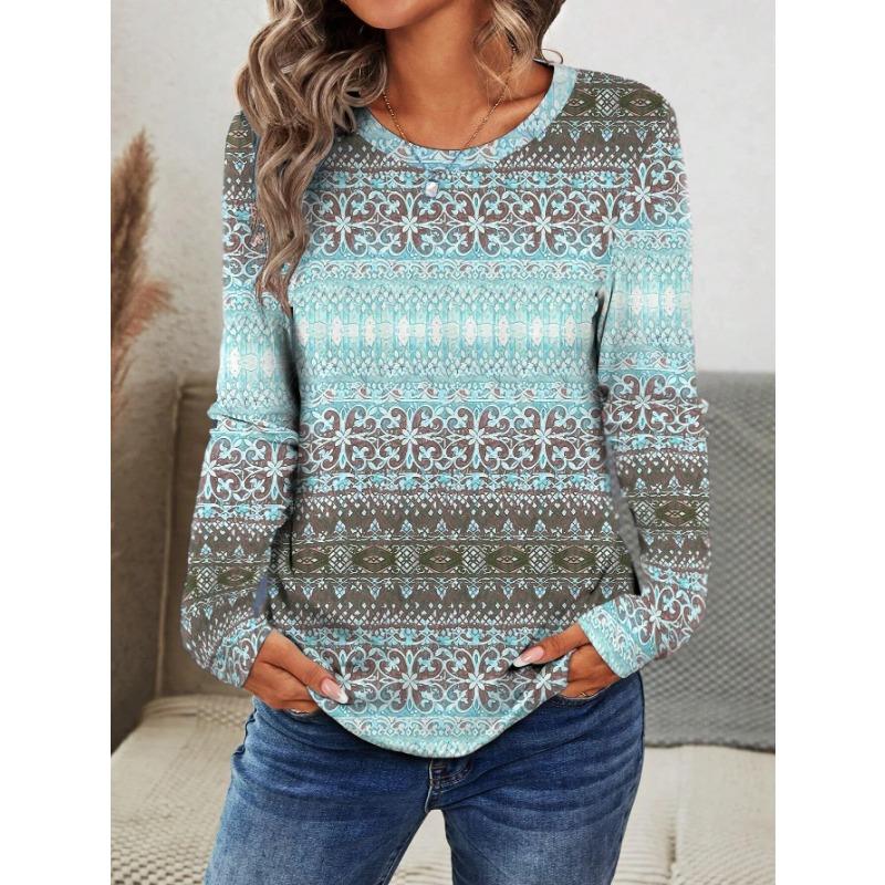 Women's T-shirt 3D Retro Ethnic Print Fashion Long Sleeve Round Neck Regular Top Holiday Weekend Spring Autumn