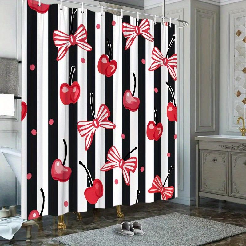 Chic Red Bows and Cherries Striped Waterproof Shower Curtain for Bathroom Decor