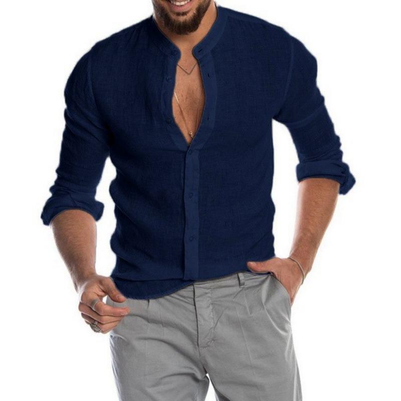 Autumn Winter V-neck Linen Cardigan Standing Collar Long Sleeved Men's Shirt