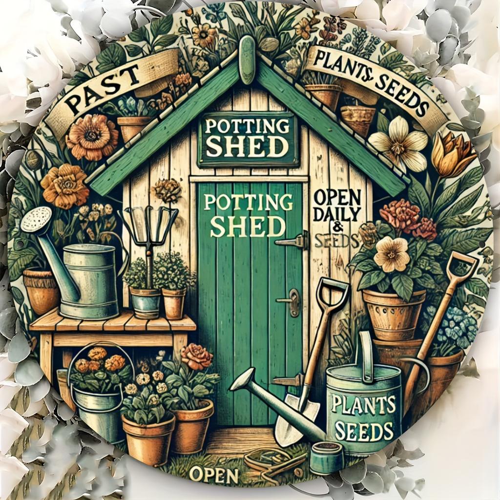 pc Rustic Iron Round Sign (x inches) Floral Potting Shed Design Decorative Wall Art for Home Bar Cafe Restaurant