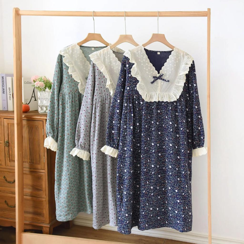 Spring and Fall Women's Cotton Long Sleeved Nightgown Simple Plus Size Double-layer Gauze Lace Design Night Wear Dress Outfit
