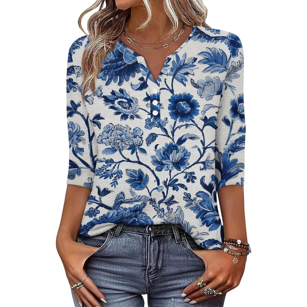 Women's Fashionable Casual Retro Floral Print V-Neck Button-Down Three-Quarter Sleeve T-Shirt Top