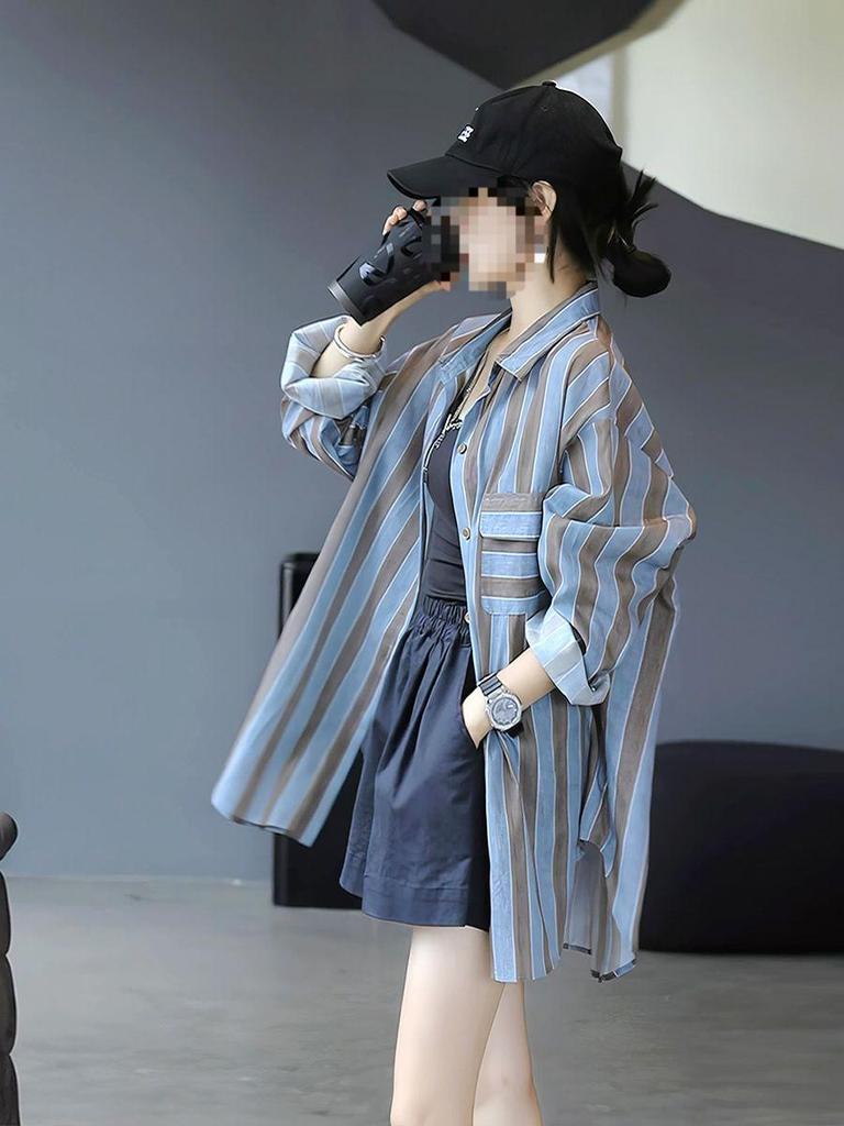 Women's Striped Long-Sleeve Shirt - Spring/Autumn Style, Sun Protection, Fresh & Loose Top