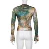 Lace Up Transparent Flower T-shirt Long Sleeves Slim Crop Tops  Spring Summer