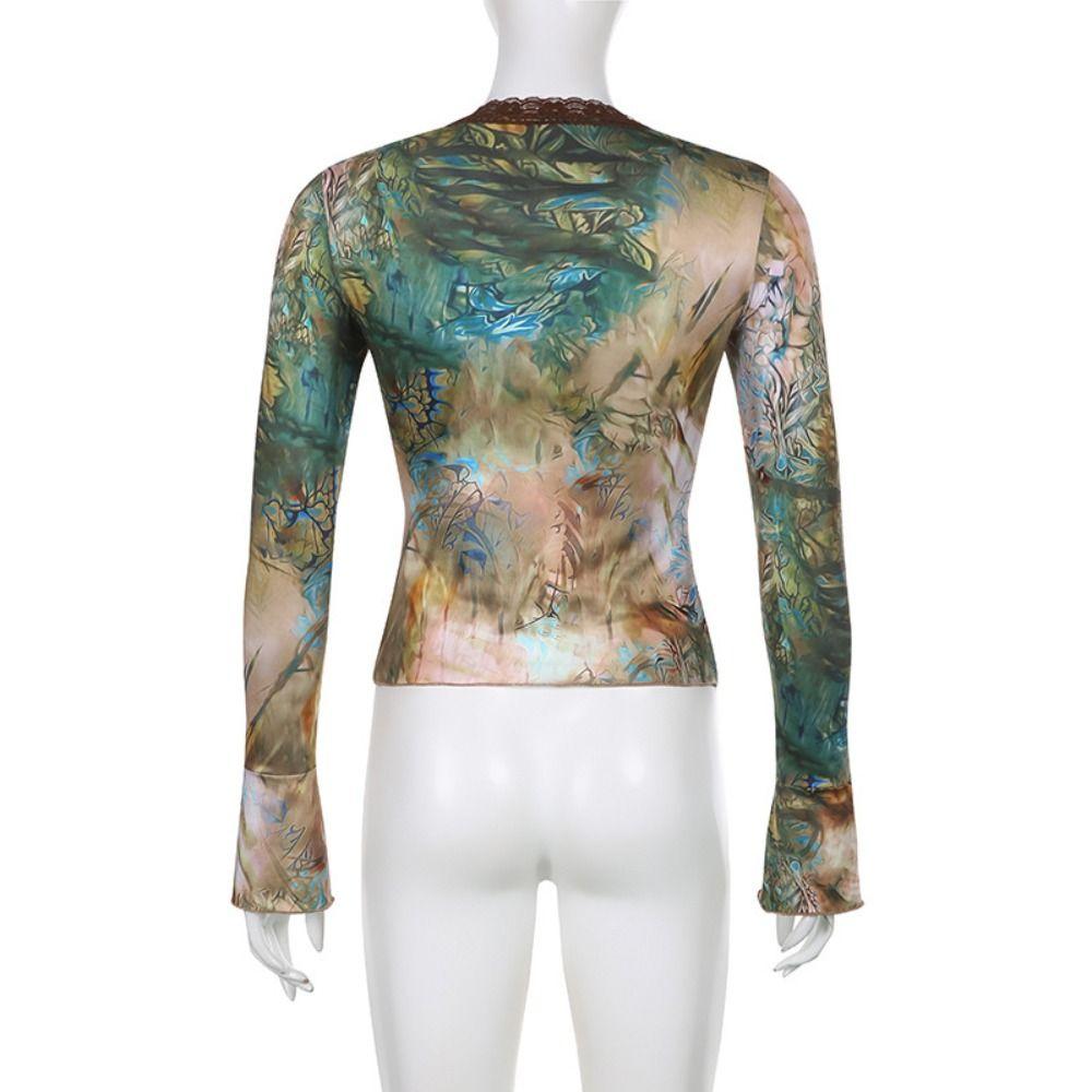 Lace Up Transparent Flower T-shirt Long Sleeves Slim Crop Tops Spring Summer