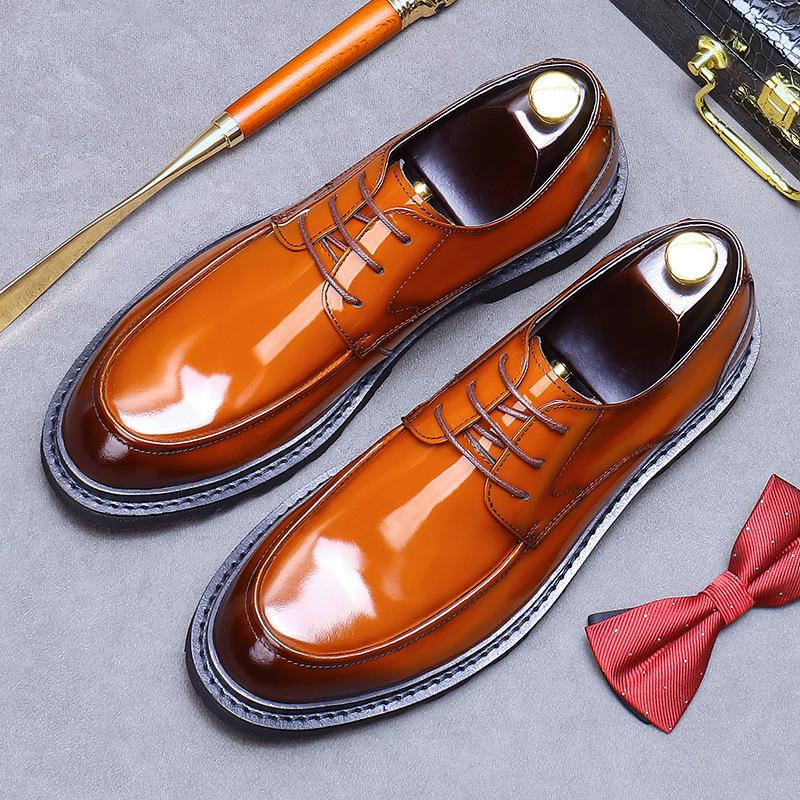 Genuine Leather Lace-Up Derby Shoes for Men - Formal Bright Leather Footwear