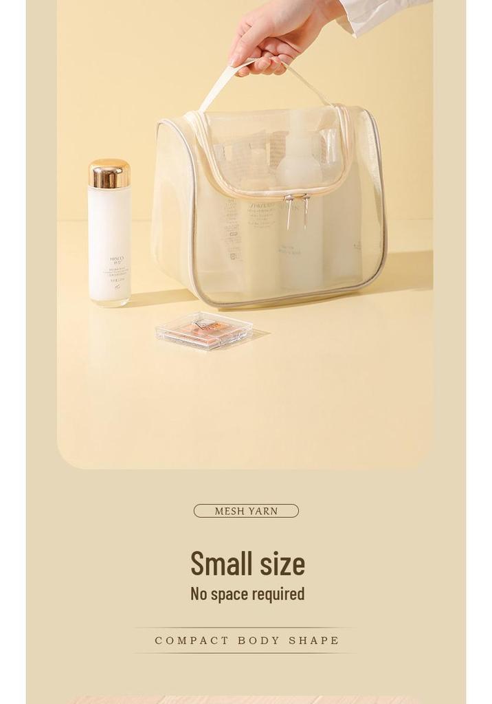 Large Capacity Mesh Makeup Bag: Portable, Multi-functional Toiletry Storage with High-Style Curved Design.