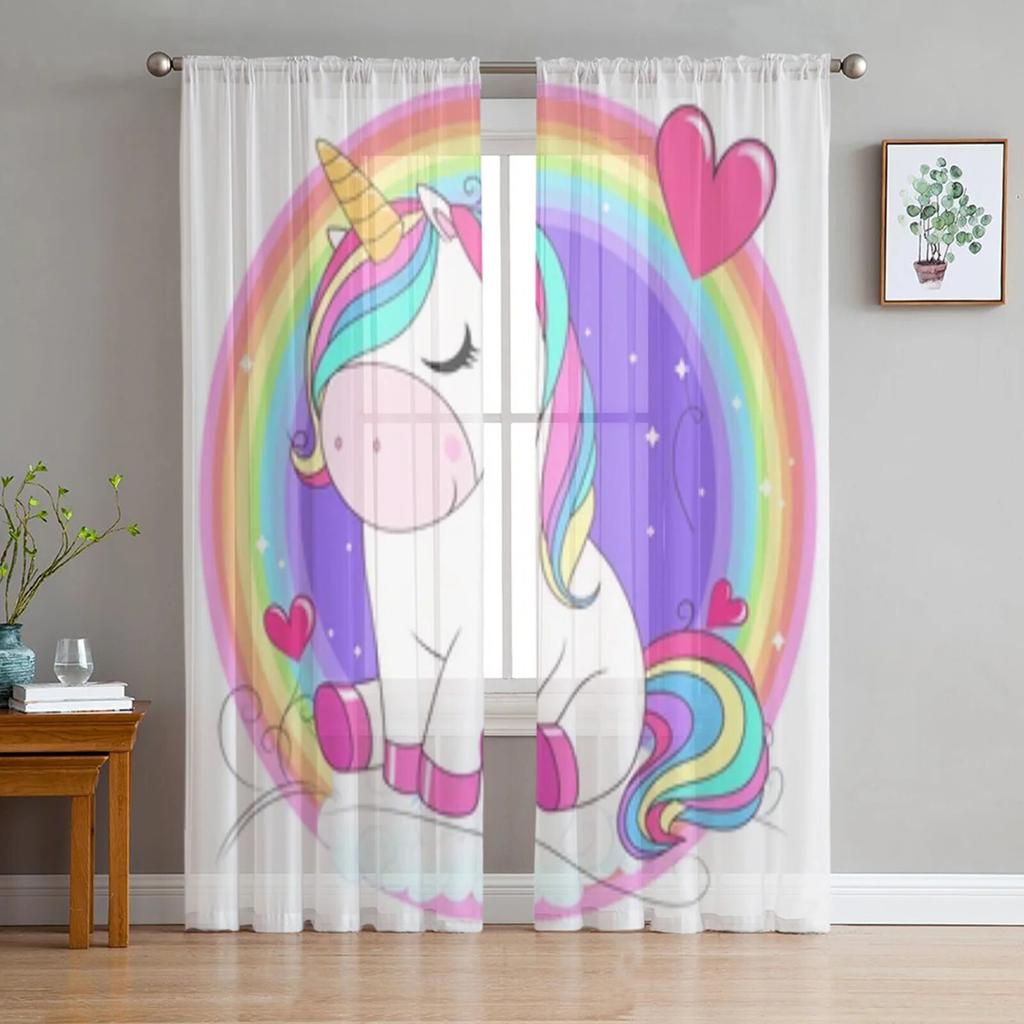 Cute Unicorn With Rainbow Sheer Window Curtains For Living Room Bedroom Modern Voile Tulle Curtains Fabric Drapes For Kitchen