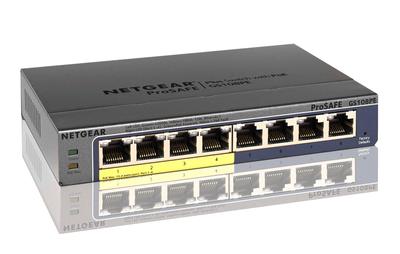 NETGEAR Switching Hub 8 porte Gigabit alloggiamento in metallo montaggio a parete silenzioso senza ventola VLAN QoS non gestito Plus per aziende GS108PE PoE+ (53W)