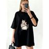 Oversized T Shirt Dress Black Cat Holding Chicken Print Casual Streetwear For Women