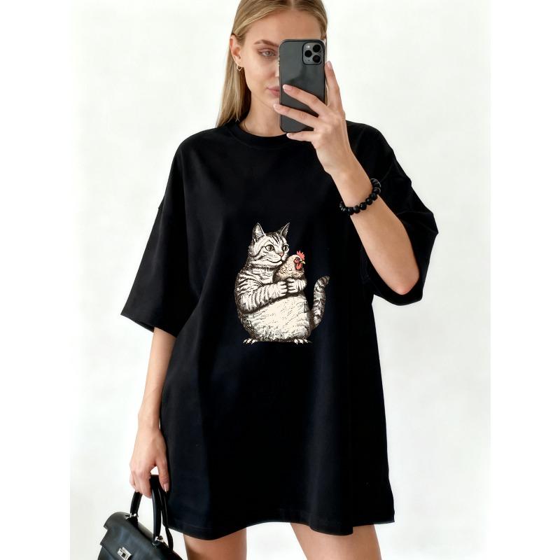 Oversized T Shirt Dress Black Cat Holding Chicken Print Casual Streetwear For Women