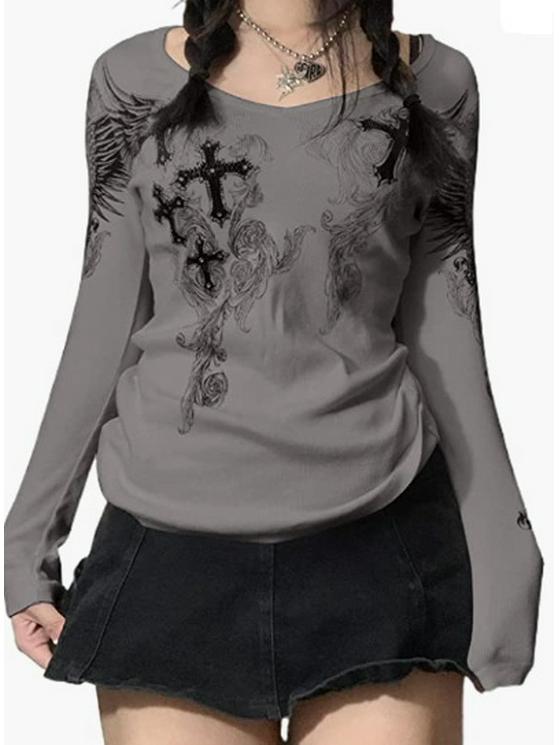 

Autumn/Winter Women s Fashion Round Neck Long Sleeve Printed T-Shirt Medium серый