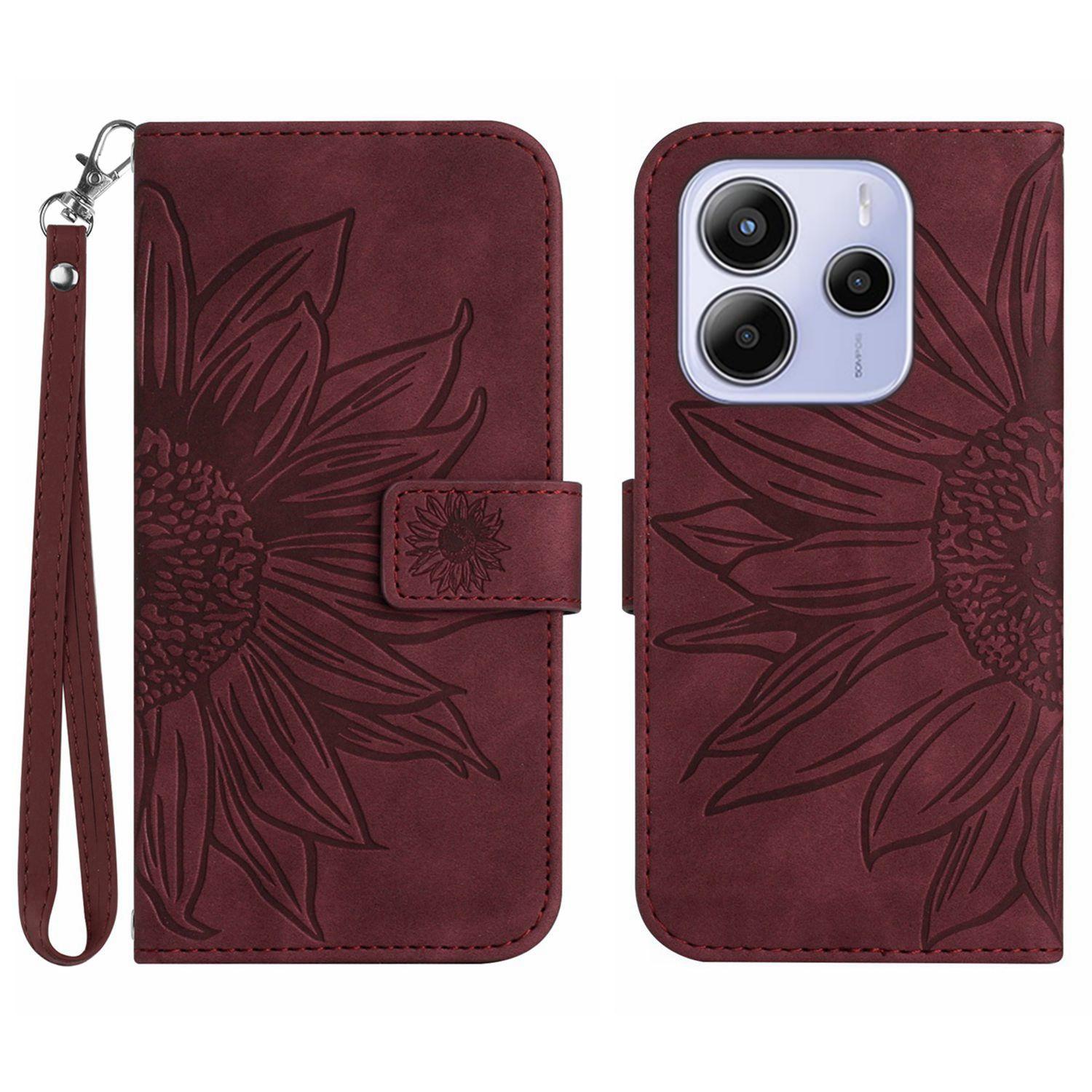 

Для Xiaomi Redmi Note 14 4G (163,25x76,55x8,16 мм) Чехол Кожаный кошелек с подсолнухом и ремешком на запястье Wine Red