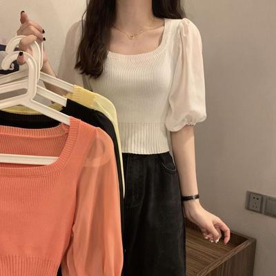 Pull Tricoté à Manches Courtes Bouffantes et Col Carré Style Français pour l'Été des Femmes Version Coréenne Coupe Ajustée et Amincissante Haut Court