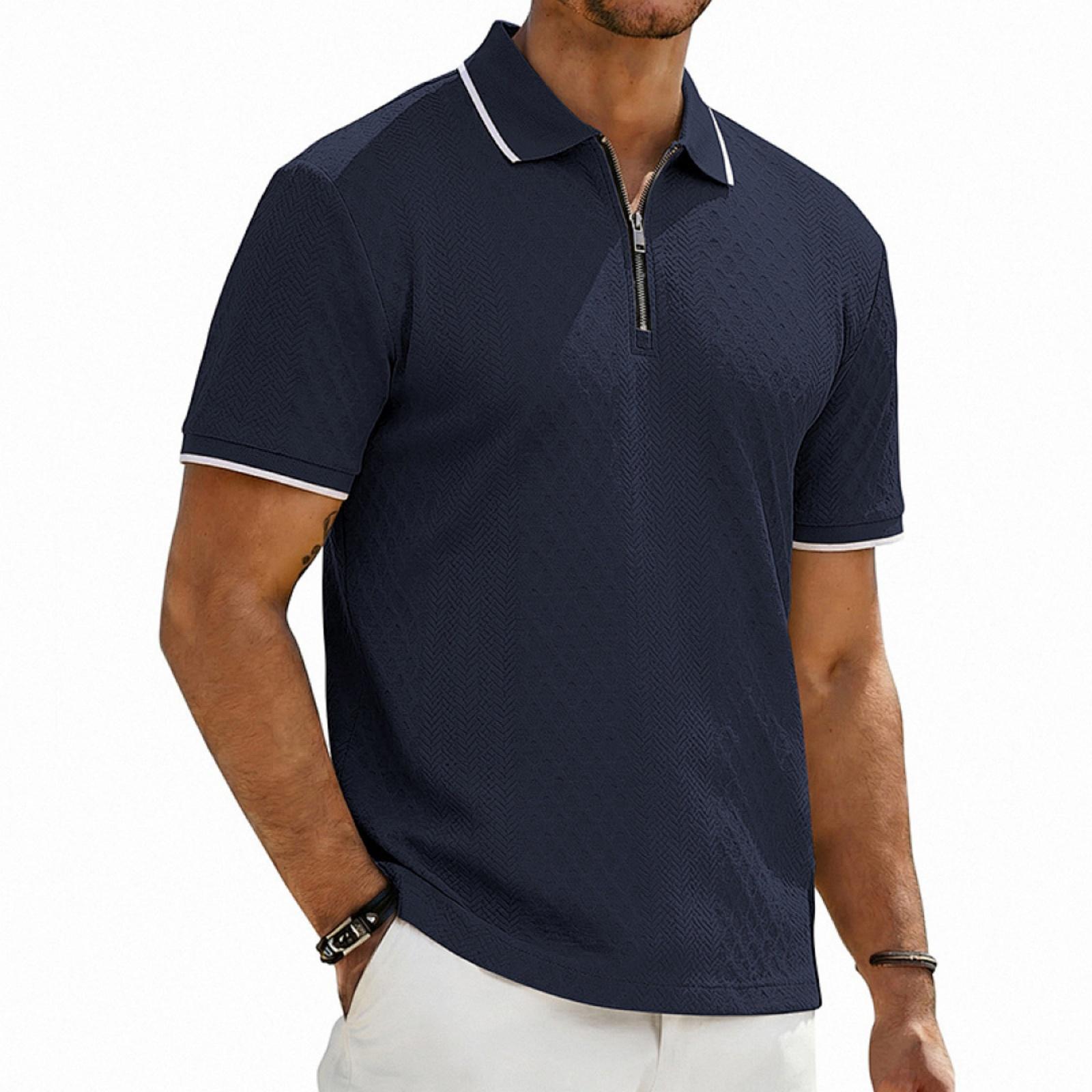 Men s  Retro, Loose Texture, Textured Zipper Short-sleeved Shirt XL тёмно-синий