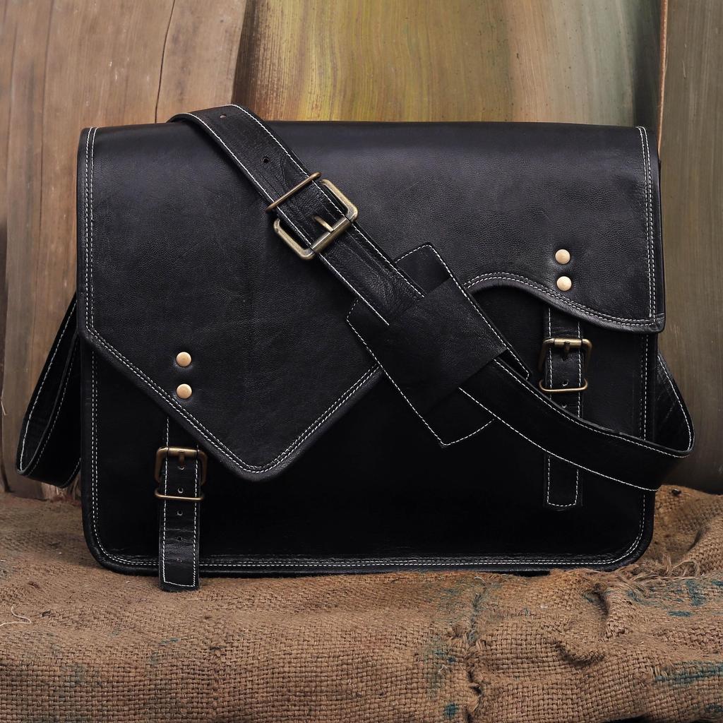 Leather Messenger Bag: 15" Black Laptop Shoulder Satchel Crossbody Gift for Men and Women