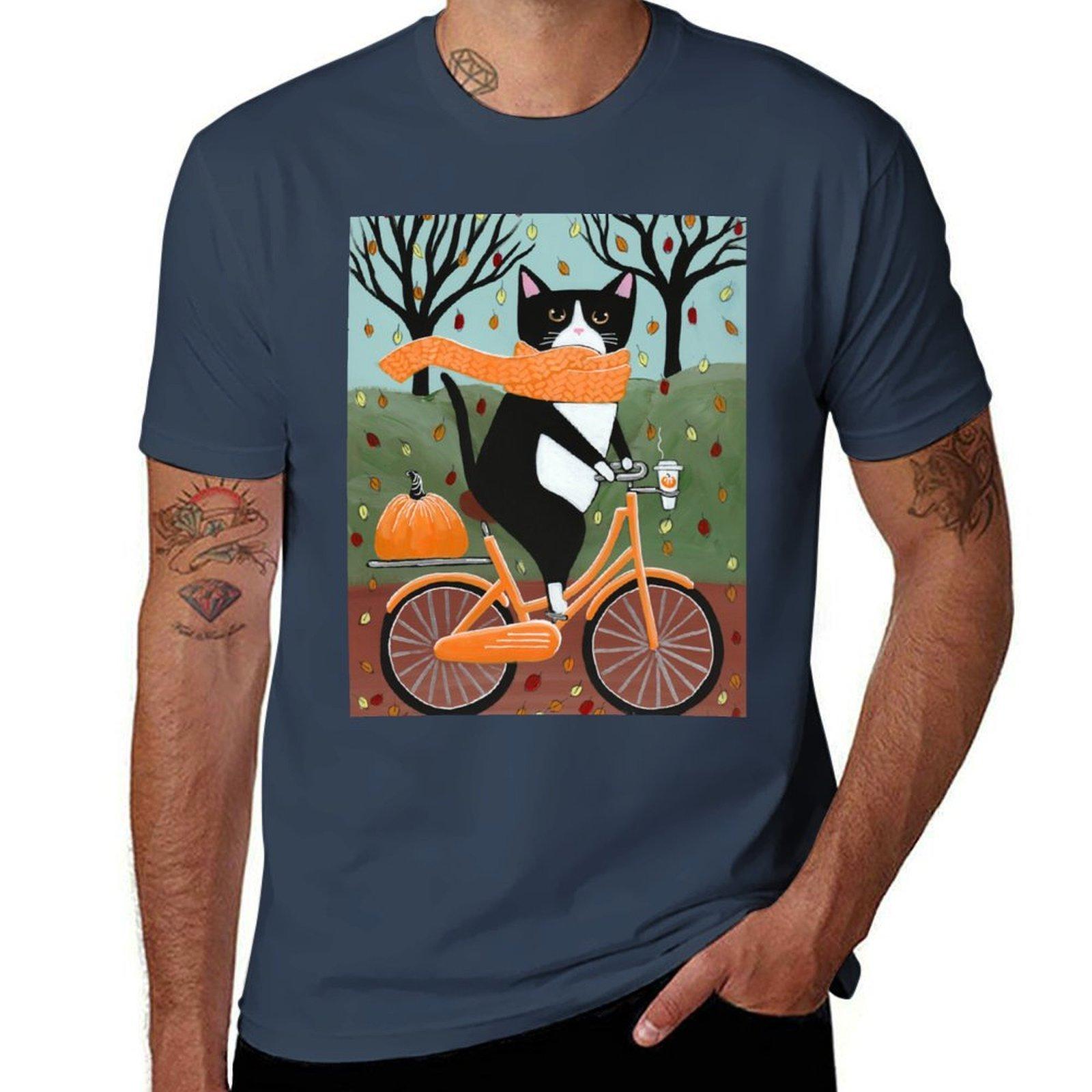 Autumn Bicycle Ride Tuxedo Cat T-Shirt t shirt man plain men t shirt cotton 100% t shirt man casual T-Shirt S