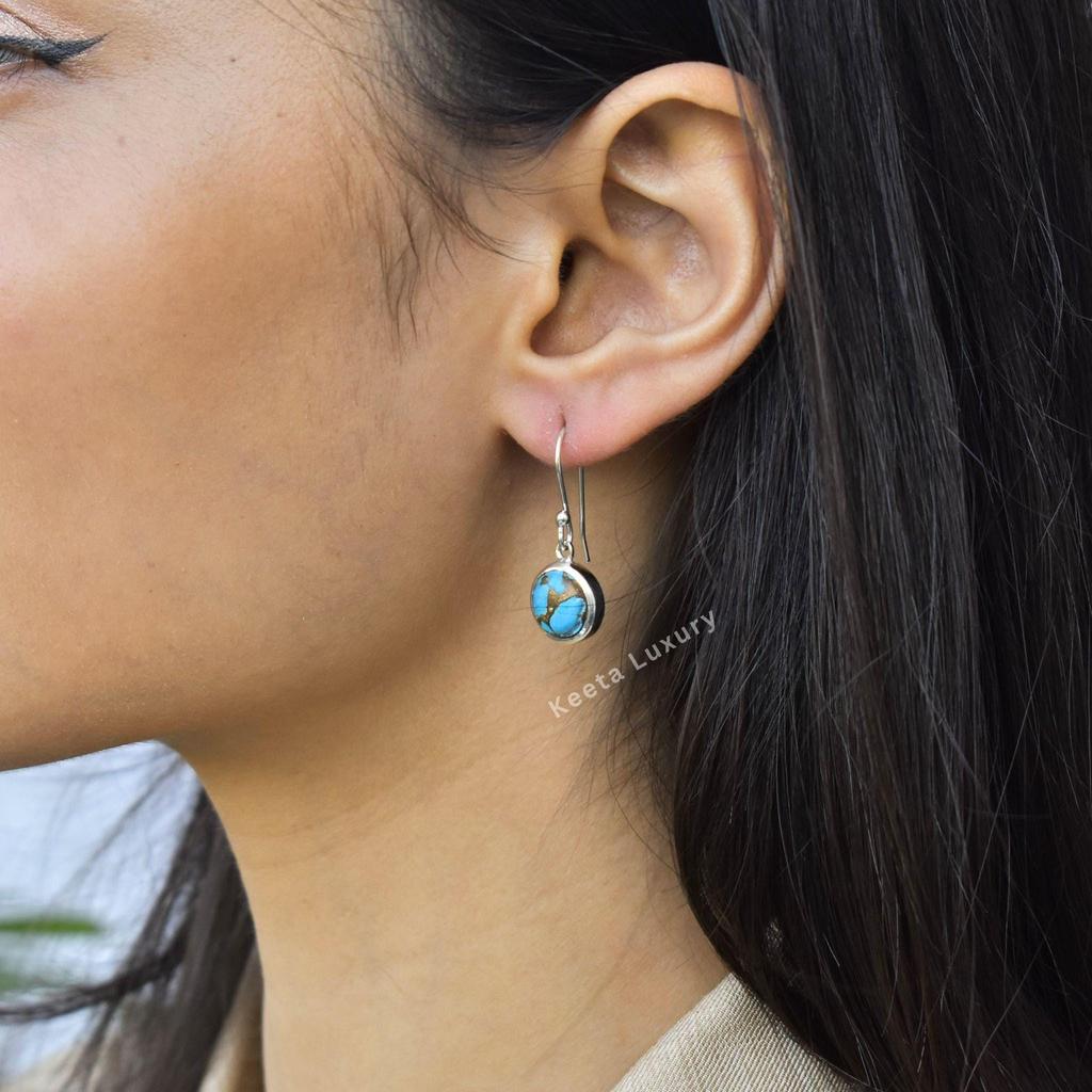 Copper turquoise Earrings Handmade Earrings for Women Turquoise round dangle hook Earrings Healing crystal earrings Bridesmaid Gift