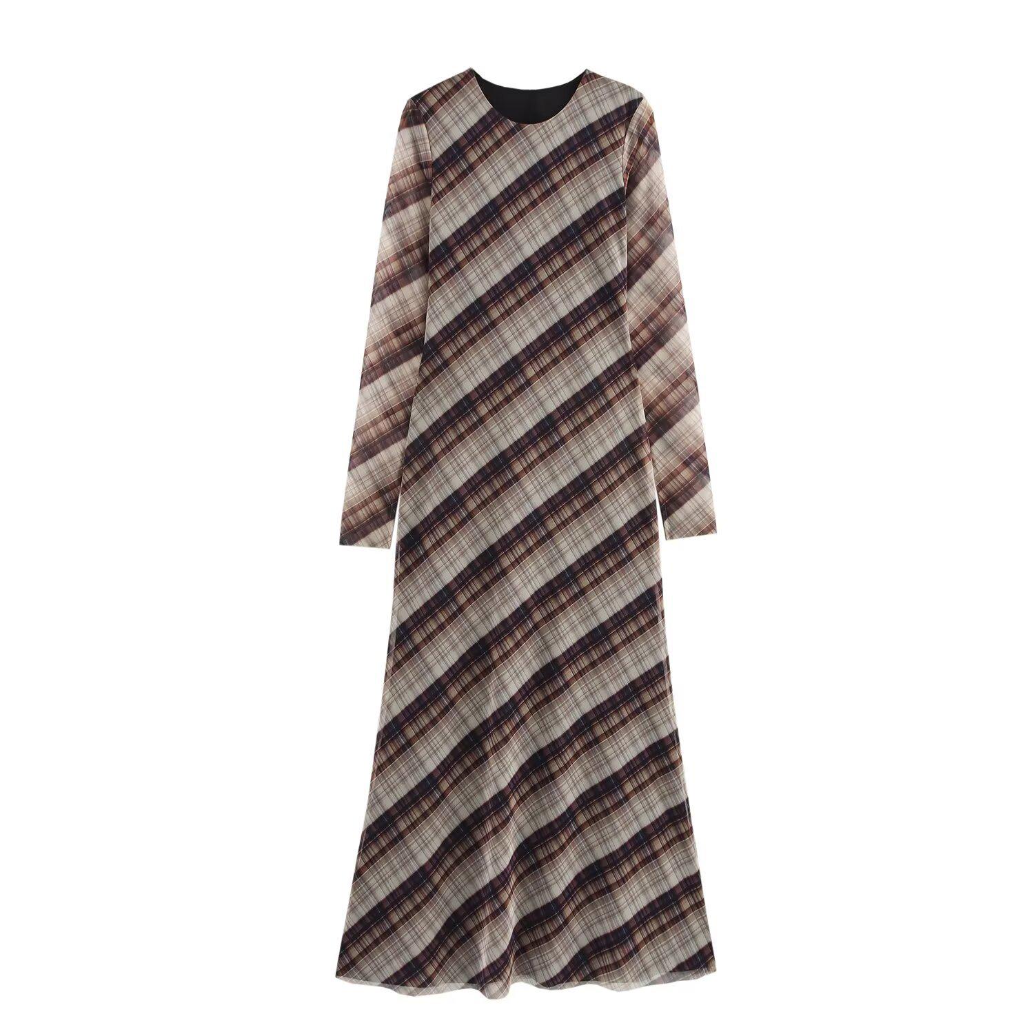 

2025 Spring Women s Slim Plaid Round Neck Mesh Dress Large