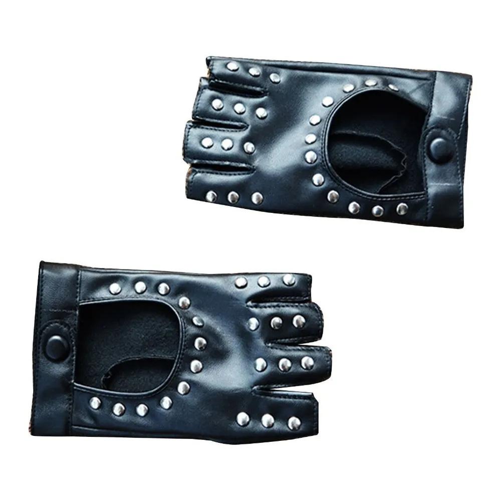Damen Leder Halbfinger Nieten Streetdance Handschuhe